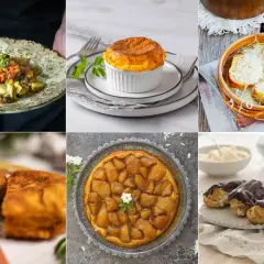 Collage de menjars típics de França: ratatouille, soufflé, sopa de ceba, escalope, tarta Tatin i éclairs.